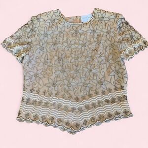 David's Bridal Cream Gold Beaded Floral Top Size 8